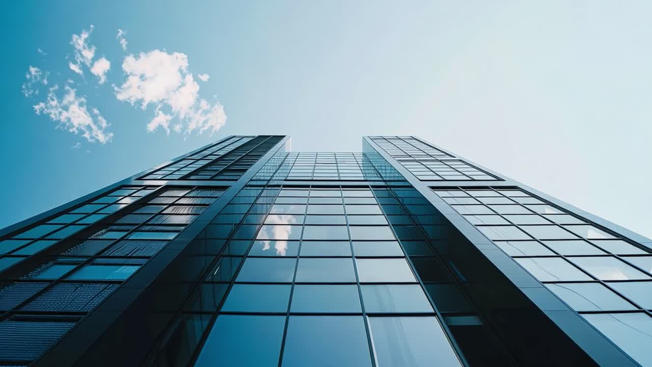 Modern skyscraper with glass facade against a blue sky
