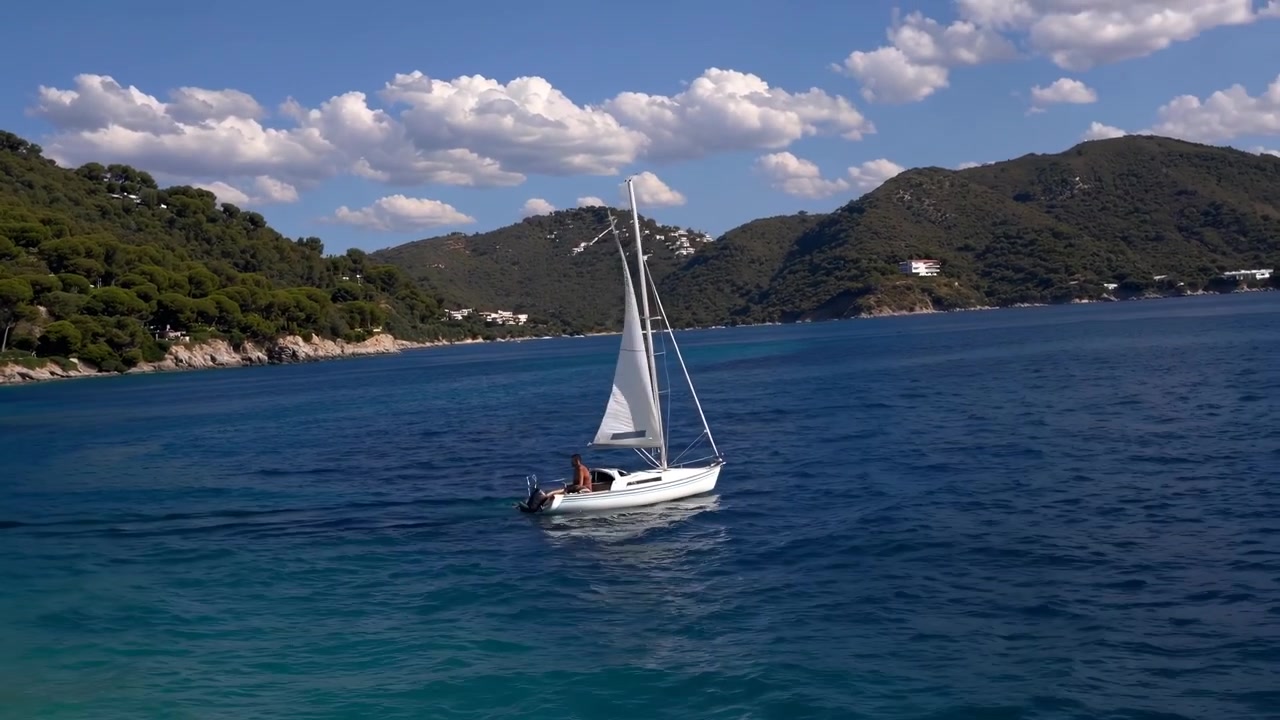 Barca a vela bianca che naviga lungo una costa mediterranea