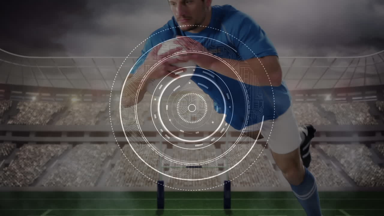 경기장에서 백인 남성 럭비 선수에 대한 데이터 처리의 애니메이션