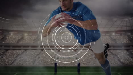 animación del procesamiento de datos sobre un jugador de rugby caucásico en el estadio.