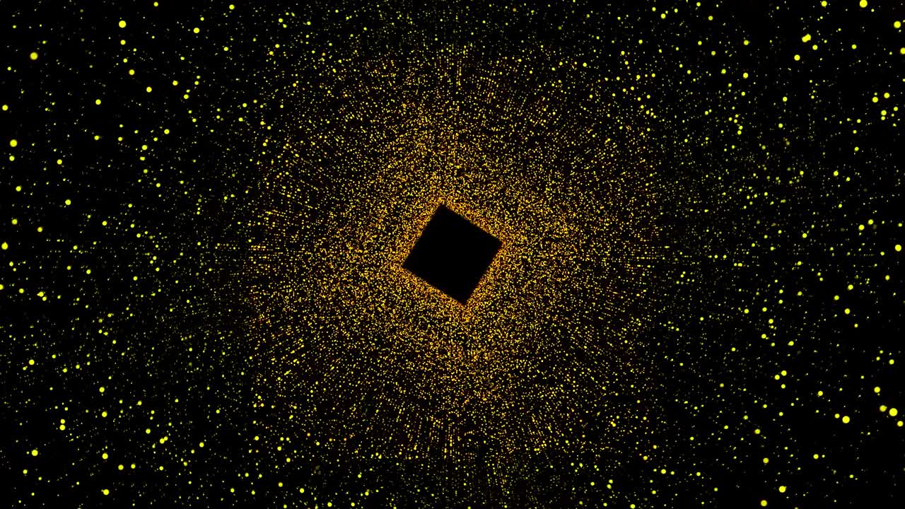 수백만 개의 반이는 입자로 둘러싸인 사각형이 있는 추상적인 우주 터널, 움직임, 우주 먼지로 둘러싼 회전하는 검은 사각형.