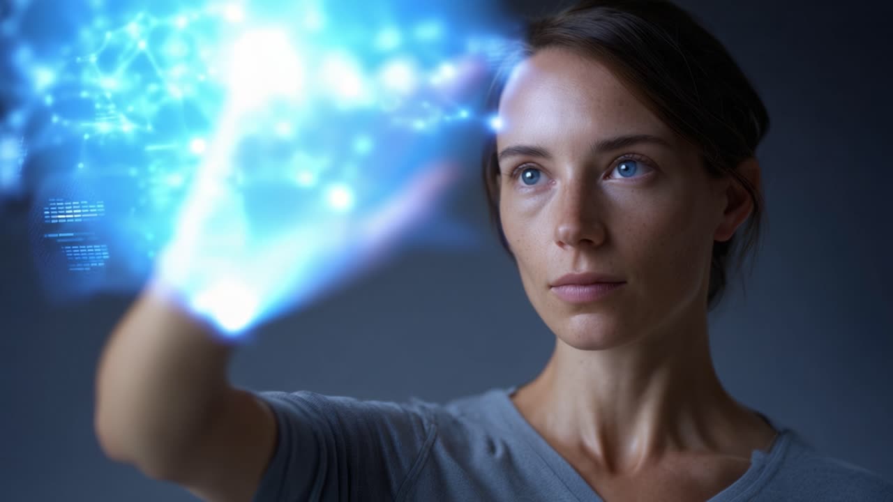 Um indivíduo concentrado interage com uma interface holográfica, exibindo tecnologia avançada e conectividade digital através de uma exibição cativante de visuais de dados luminosos.