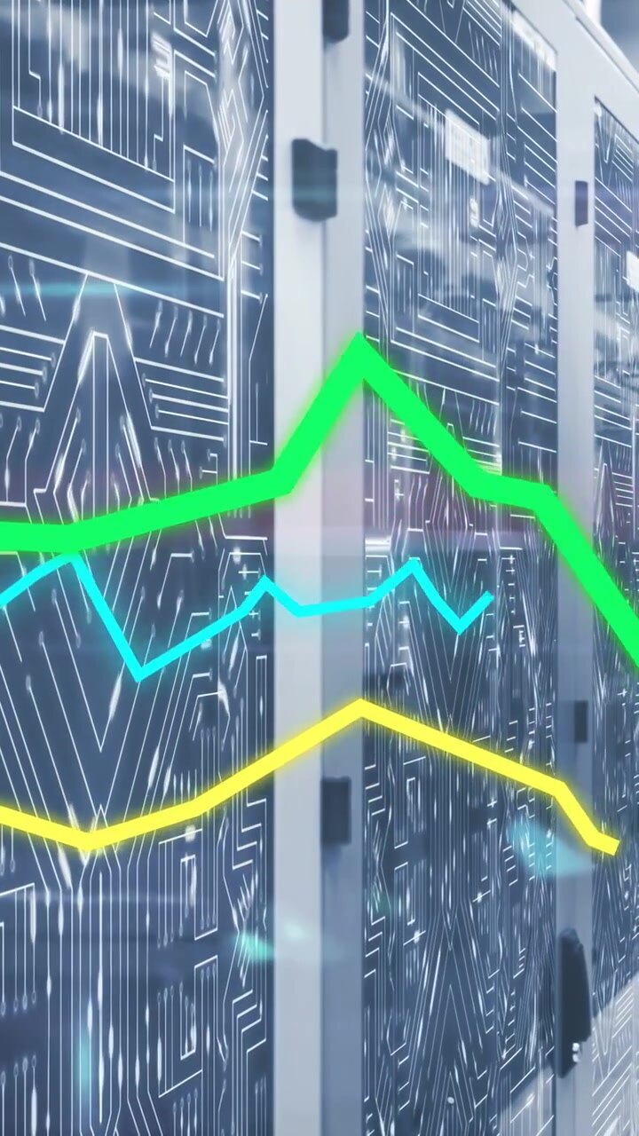 Vertical video: Green line appearing other lines waving over server racks view panning showing data
