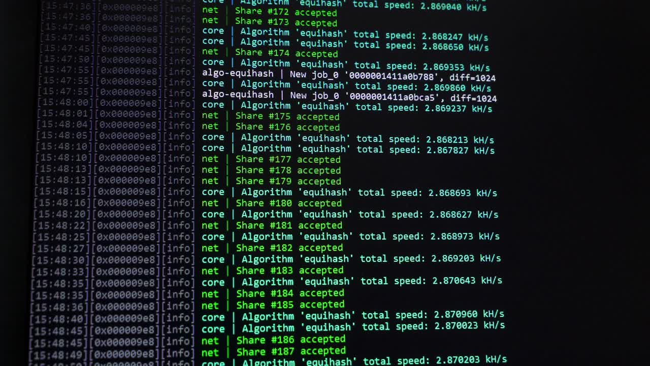 Screen with crypto code. Cryptocurrency. Green digitals. Mining Code