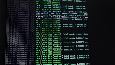 screen with crypto code. cryptocurrency. green digitals. mining code
