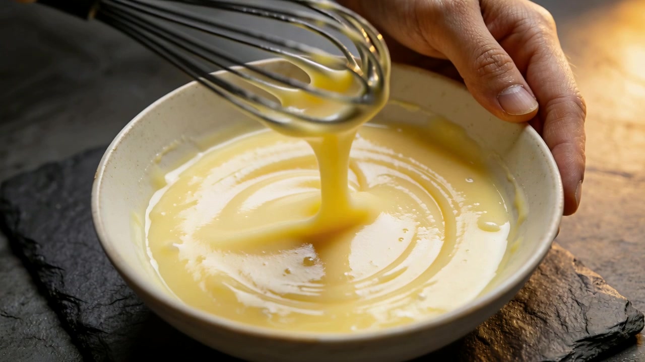 Starting cook whisking pale yellow batter with metal whisk in white bowl at countertop to smooth