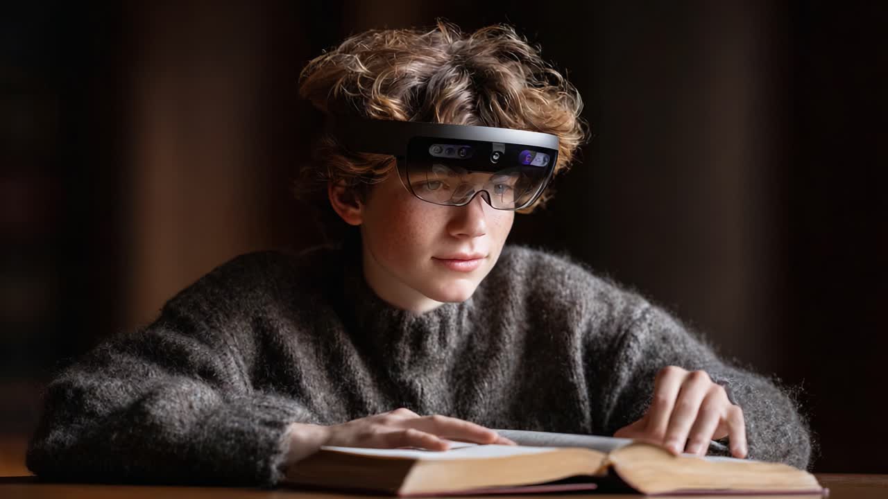 A Focused Youth Engaged in Learning, Utilizing Advanced Augmented Reality Glasses While Reading an Open Book in a Warm, Inviting Space