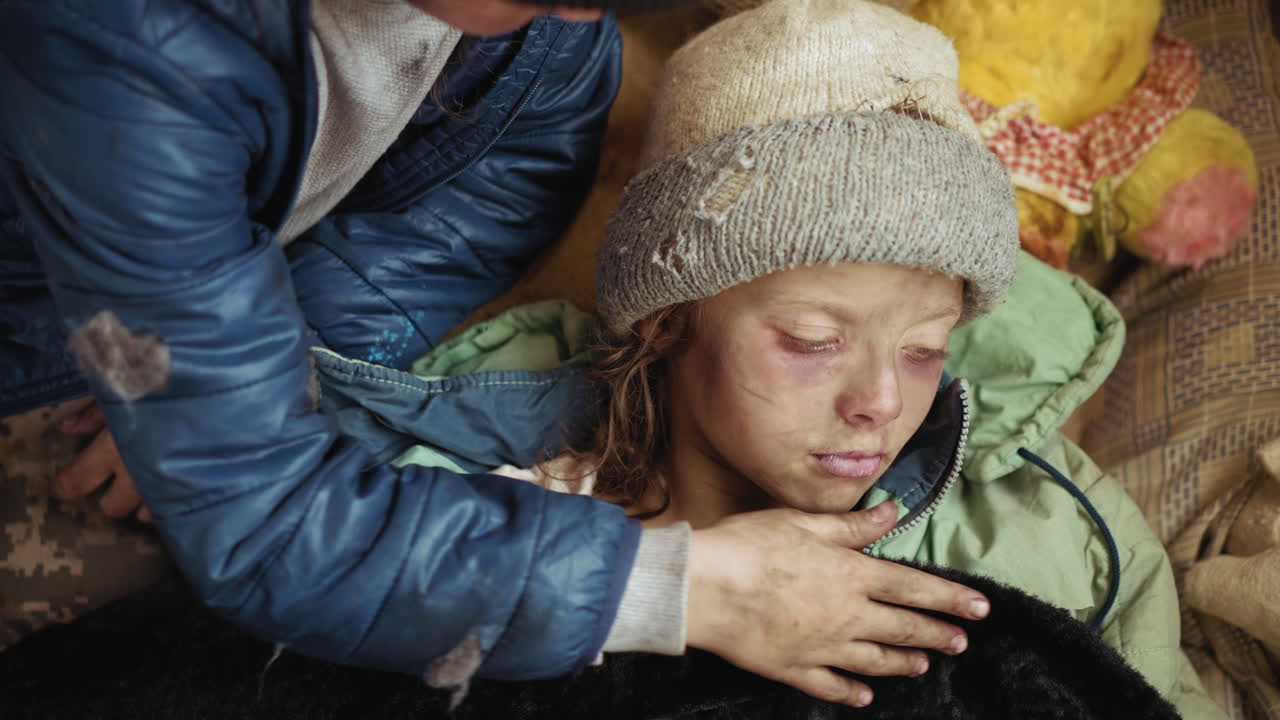 Close up of weak child with bruised face lying down while person in worn jacket gently adjusts blanket, showing moment of care, compassion, and struggle in rough cold conditions