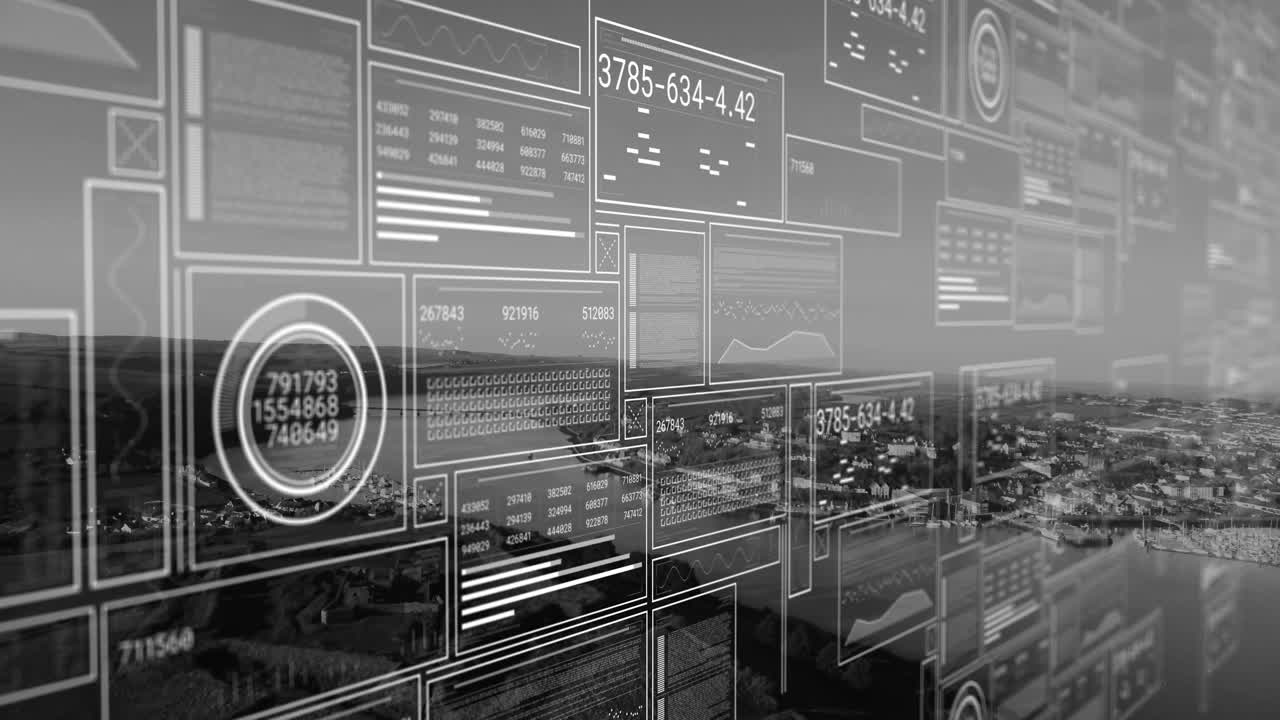 Animation of scope scanning and data processing over cityscape