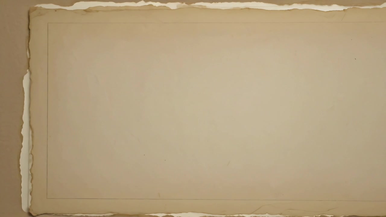 Serving aged beige paper backdrop at start, filling frame showing torn edges, faint border, flecks