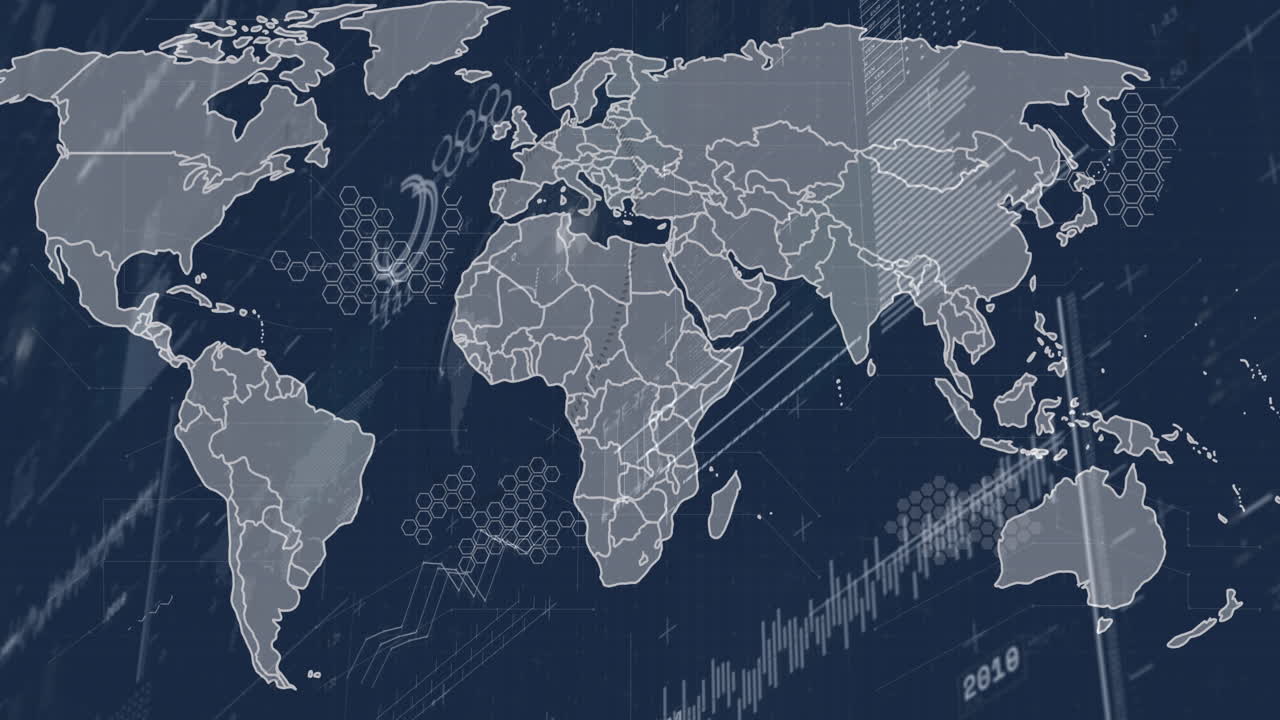 animación de estadísticas y procesamiento de datos financieros sobre el mapa del mundo