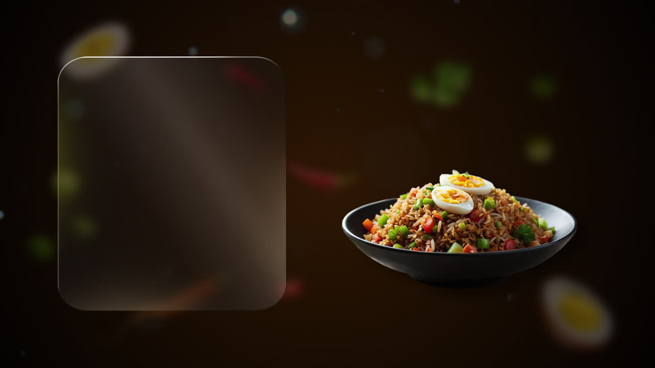 Fried rice with egg Animation with deep tones and floating ingredients - glass board reveals dish name and promo