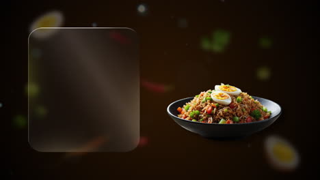 Fried rice with egg Animation with deep tones and floating ingredients - glass board reveals dish name and promo