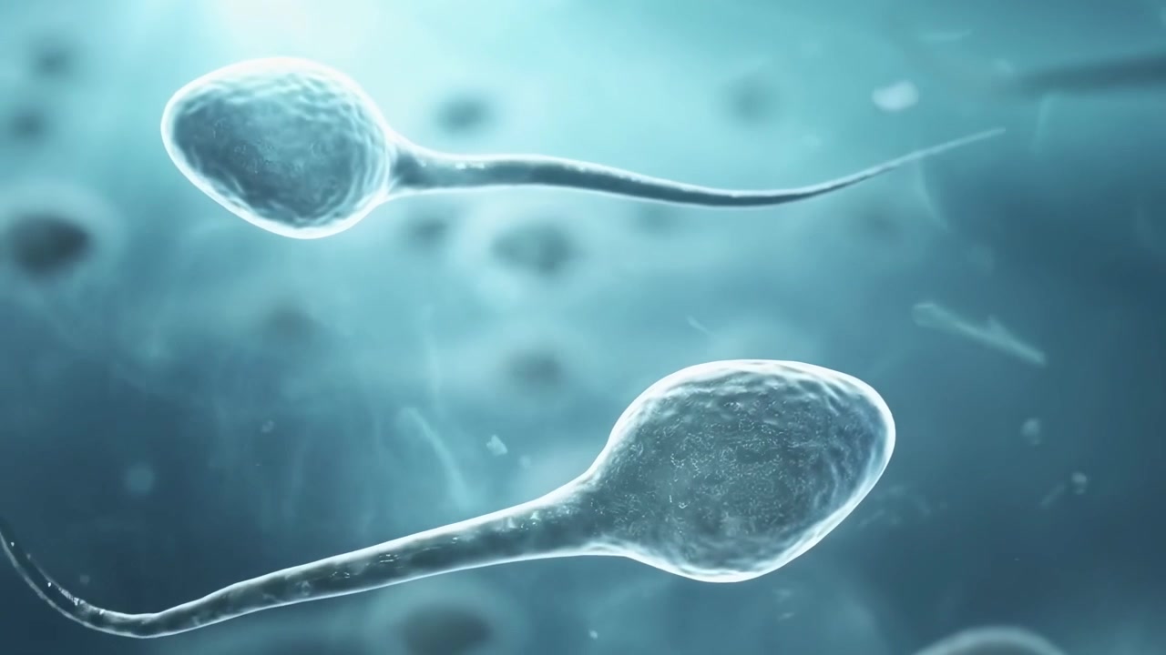 Animación 3D microscópica de espermatozoides nadando en fluido