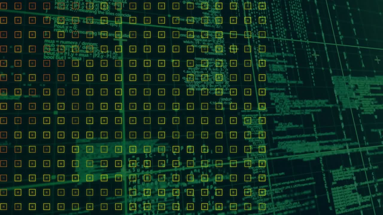 Animation of rotating squares over data processing on black background