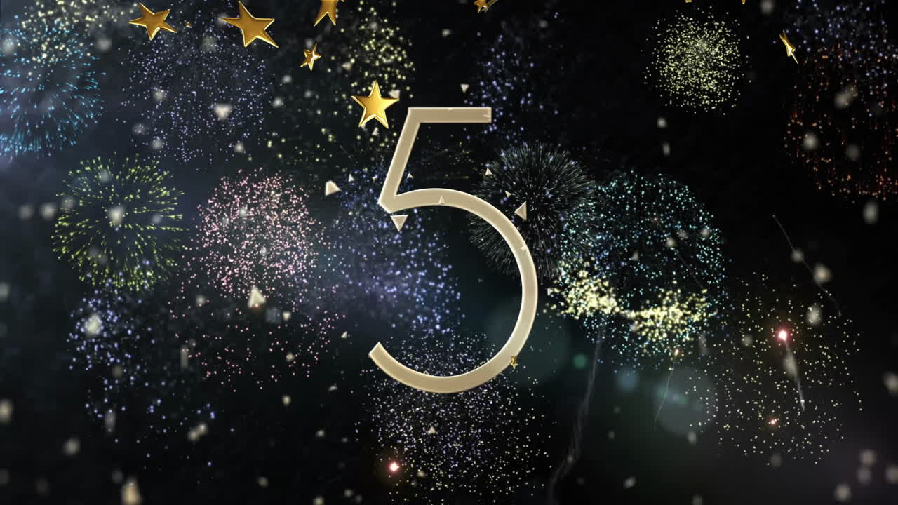 Numero 6 con animazione di fuochi d'artificio e stelle su sfondo scuro