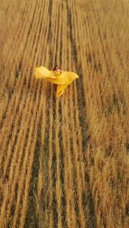 woman in a yellow dress running through a golden wheat field