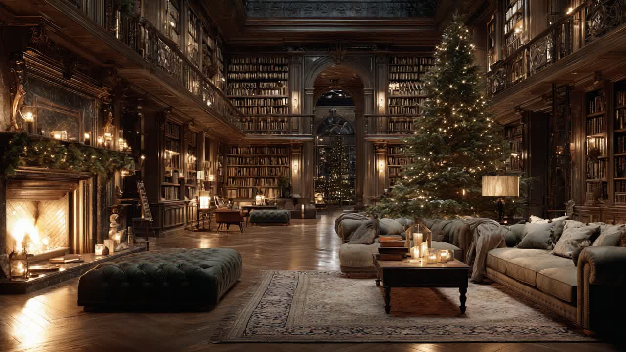 A Cozy, Elegant Library Setting Adorned with a Christmas Tree and Ambient Lighting, Perfectly Capturing the Spirit of the Holiday Season in a Luxurious Atmosphere