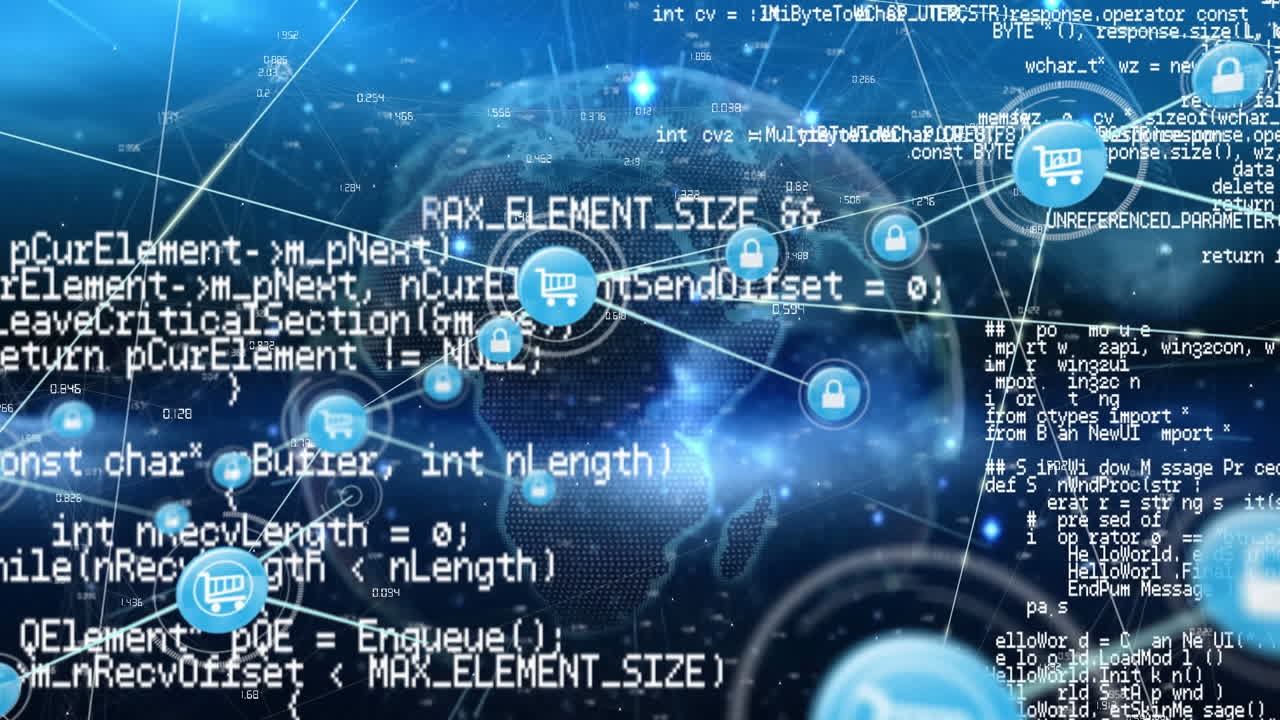 파란색 배경에 회전하는 지구상에서 디지털 아이콘 네트워크와 데이터 처리의 애니메이션