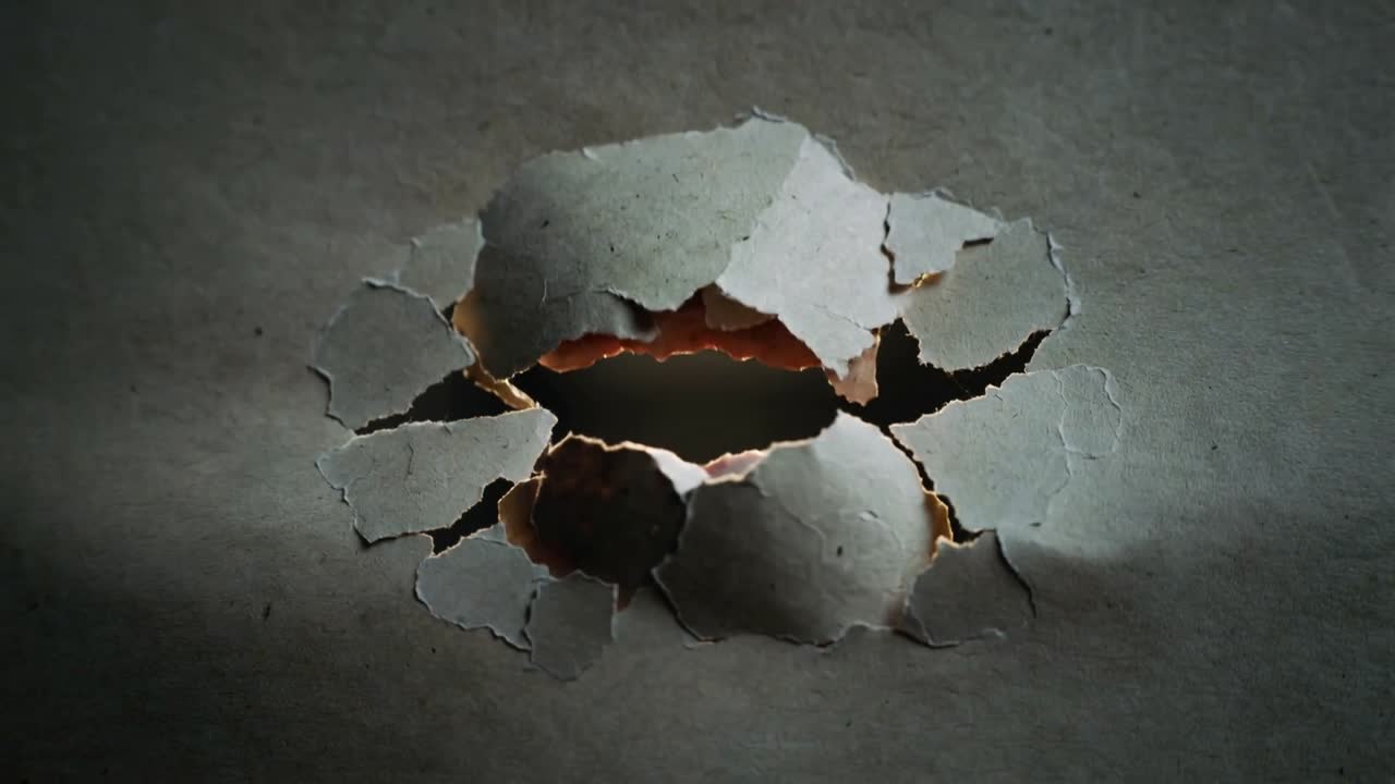 Widening torn hole in gray paper, warm backlight shifting, curling flaps revealing reddish layer
