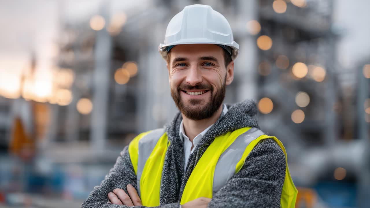 Confident Construction Worker in Safety Gear Smiling at the Camera on a Busy Worksite During Golden Hour with Blurred Background of Industrial Setting