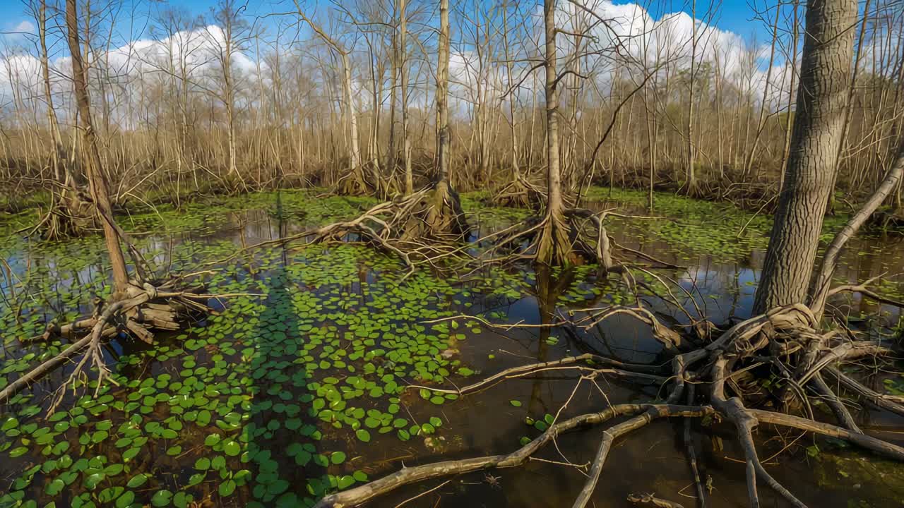 Launching drone gliding forward over swamp, showing leafless trunks, buttressed roots and lily pads
