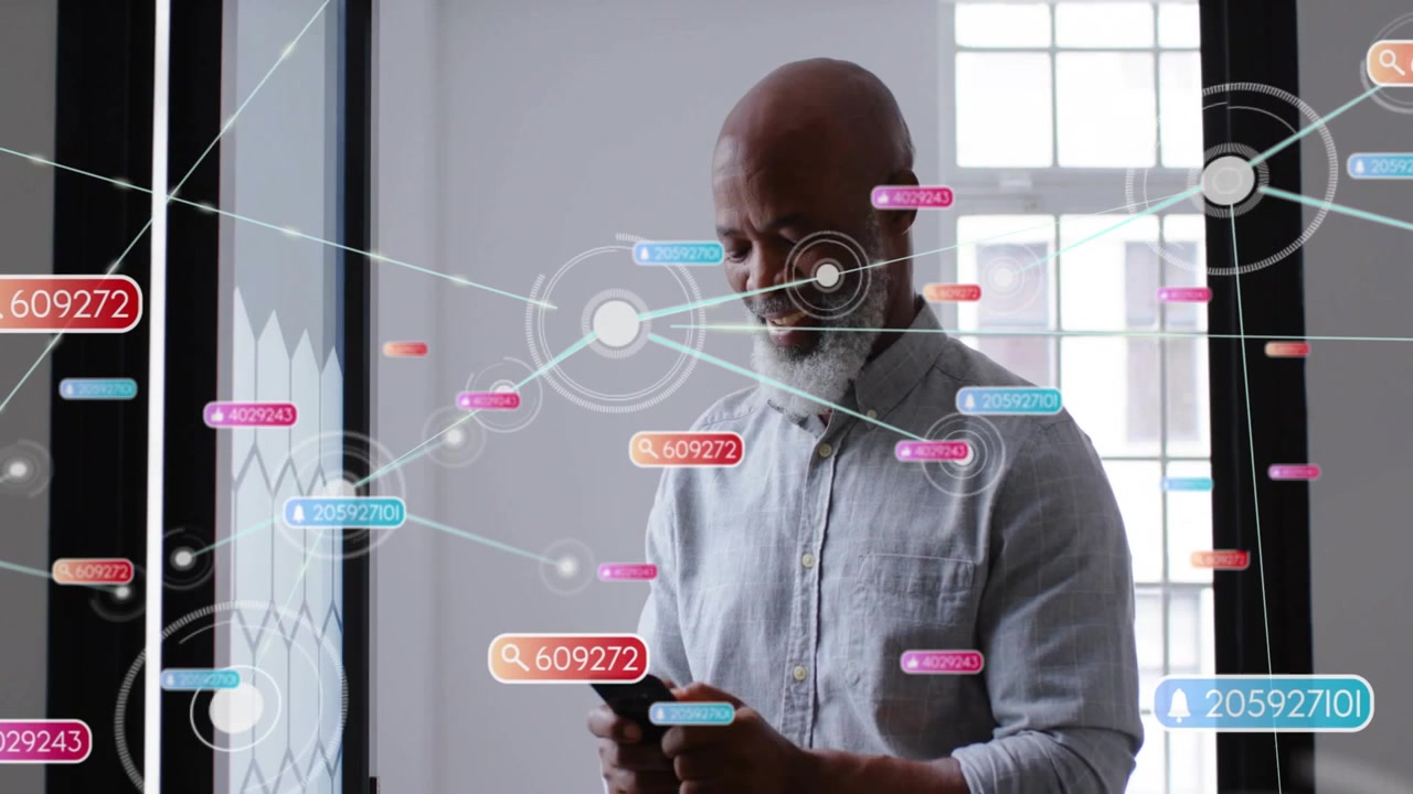 Tapping smartphone, man wearing dress shirt near glass entry as AR nodes appear, exploring network