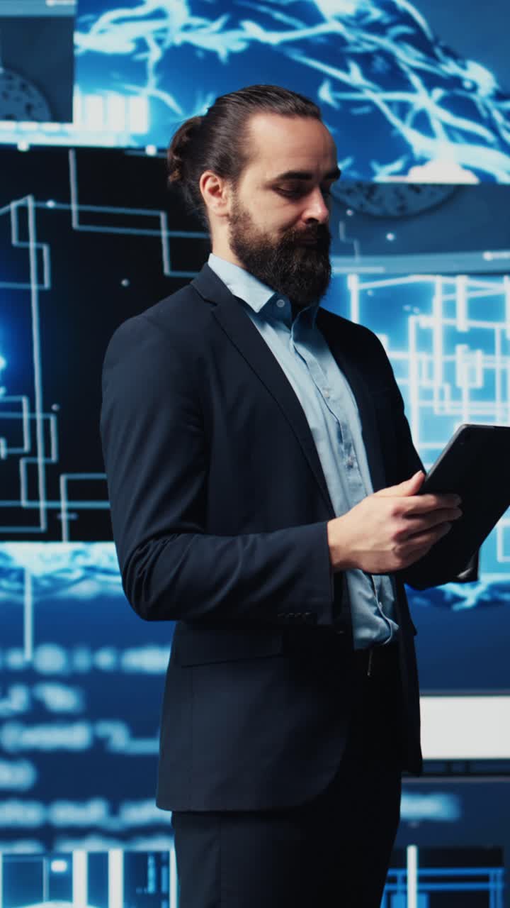 Vertical Video Businessman working with digital AI neural networks system for machine learning