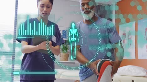 animation of data processing over biracial female doctor with male patient