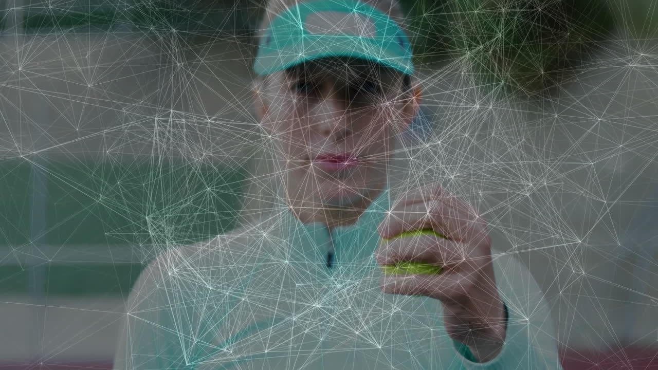 Female athlete holding tennis ball behind net on court, displaying network overlay for technology