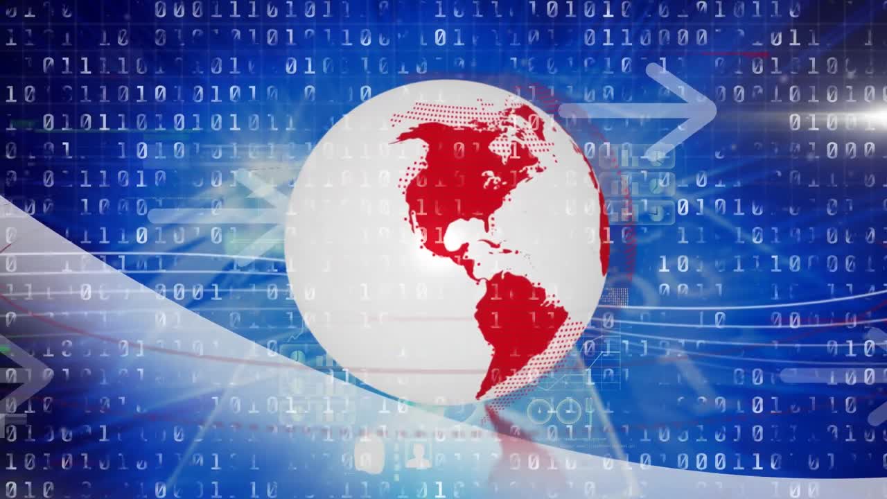 파란색 배경에 있는 화살표 위에 있는 지구와 이진 코딩의 애니메이션