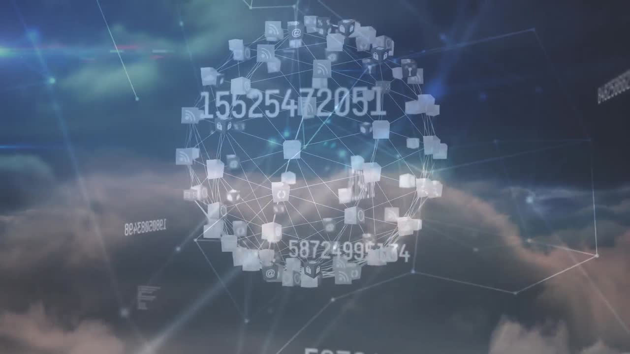 연결 네트워크와 구름 위의 증가하는 숫자로 만들어진 지구의 애니메이션