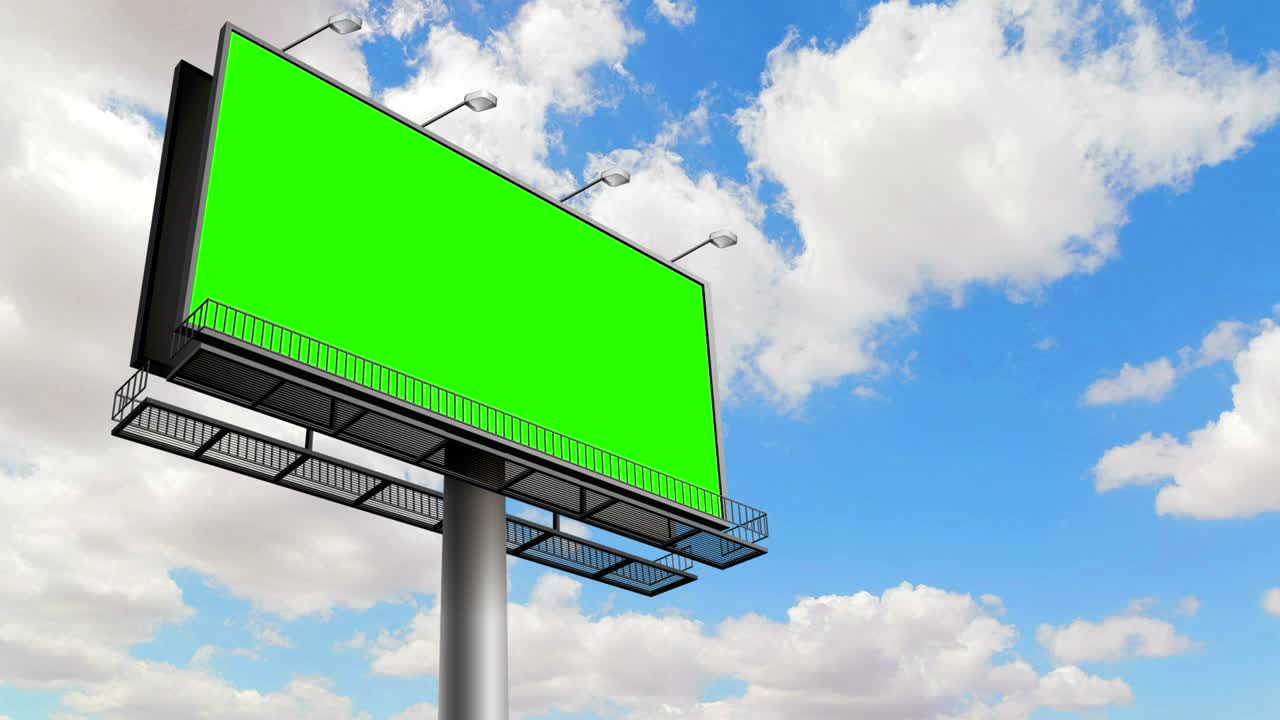cartel vacío con pantalla verde de clave de croma, en el cielo azul con nubes lapso de tiempo, anuncio