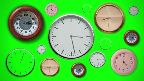 many clocks on green screen