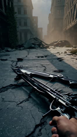post-apocalyptic city street with crossbow
