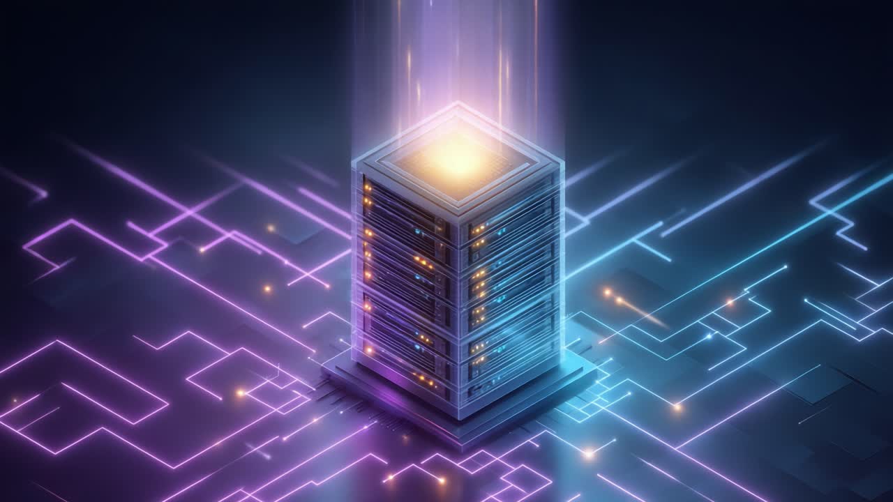 A Futuristic Data Center Illuminated by Pulsing Lights and Radiant Energy, Symbolizing Advanced Technology and Digital Connectivity in a Virtual Environment