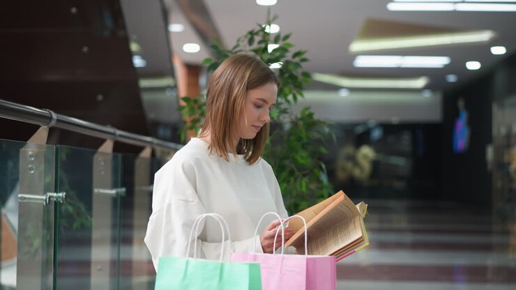 Lady seated in shopping mall, flipping to next page of book with shopping bags placed beside her, relaxed casual look, modern mall setting, and greenery in background