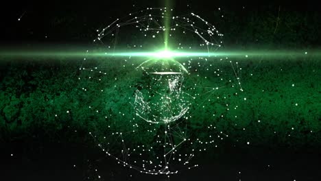 Animation-of-globe-of-connections-spinning-on-green-background