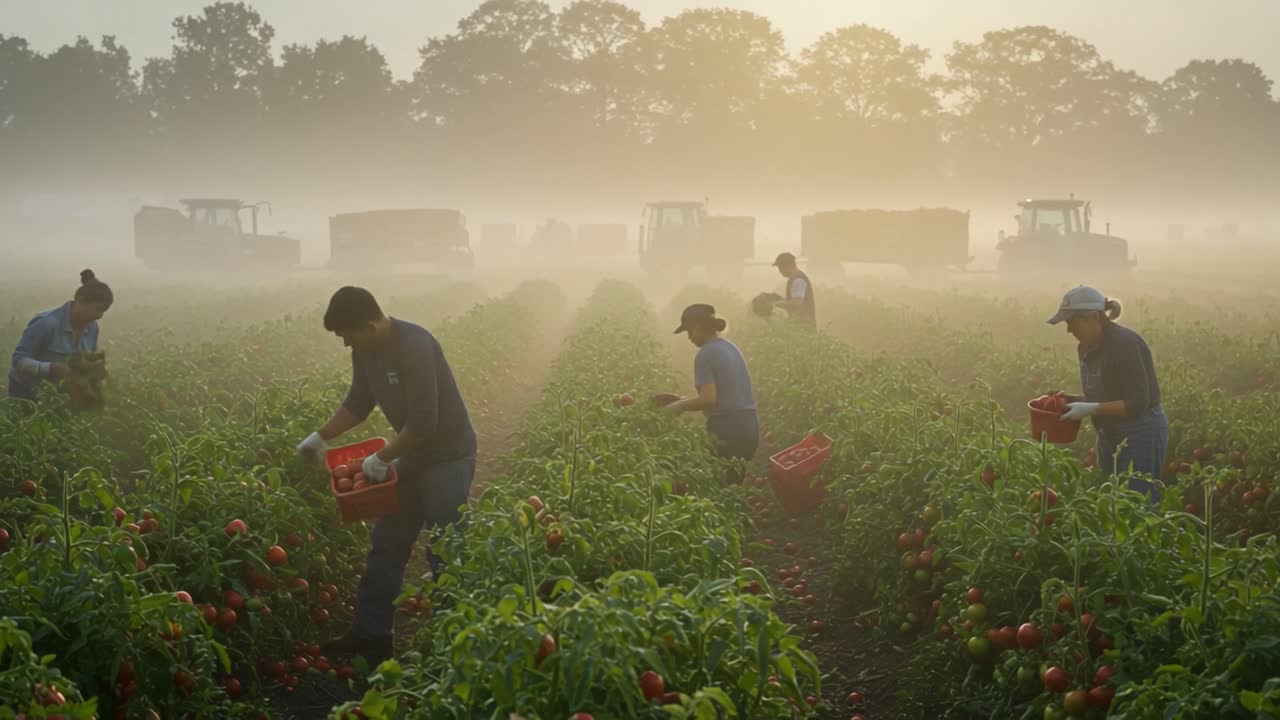 Harvesting Tomatoes in the Early Morning Fog: A Serene Scene of Agricultural Labor with Workers Collecting Bountiful Produce in Picturesque Fields