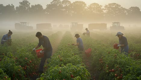 harvesting tomatoes in the early morning fog: a serene scene of agricultural labor with workers collecting bountiful produce in picturesque fields