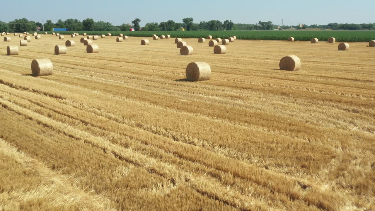 Aerial view of field with lined straw bales on farm fields