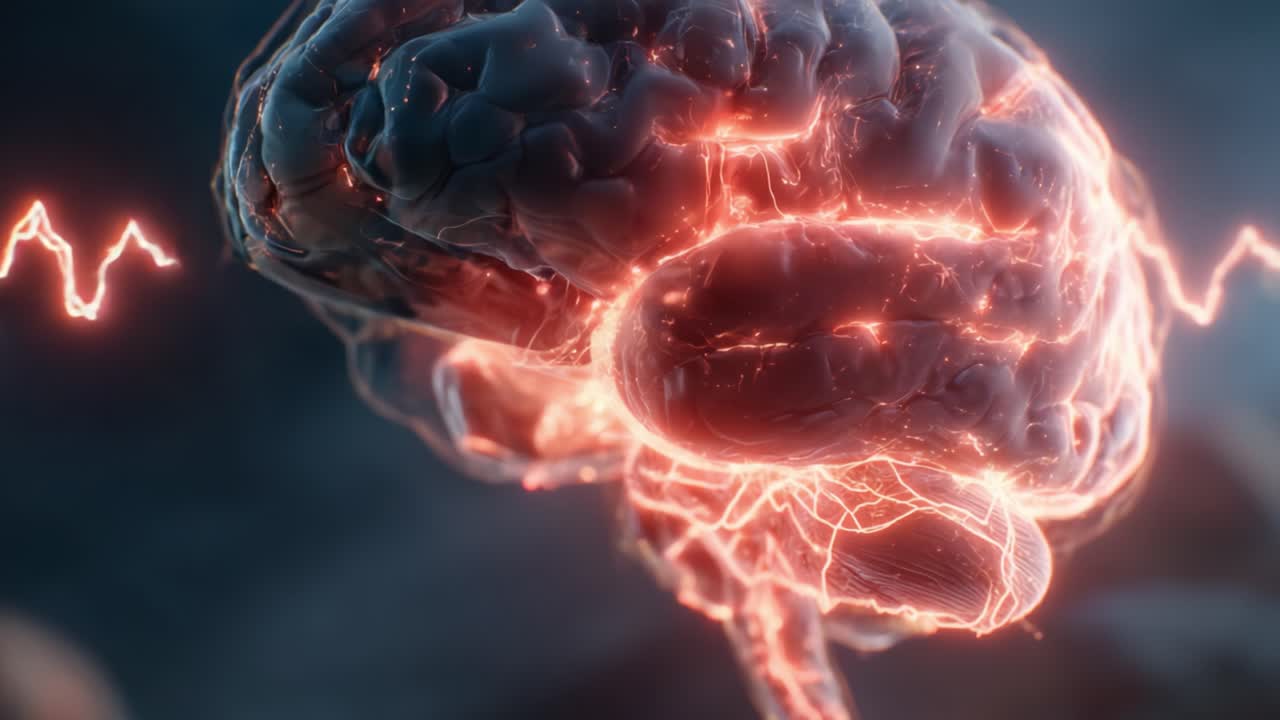 A Stunning Visual Representation of the Human Brain with Pulsating Energy Waves Illustrating Neural Activity and Heartbeat Dynamics