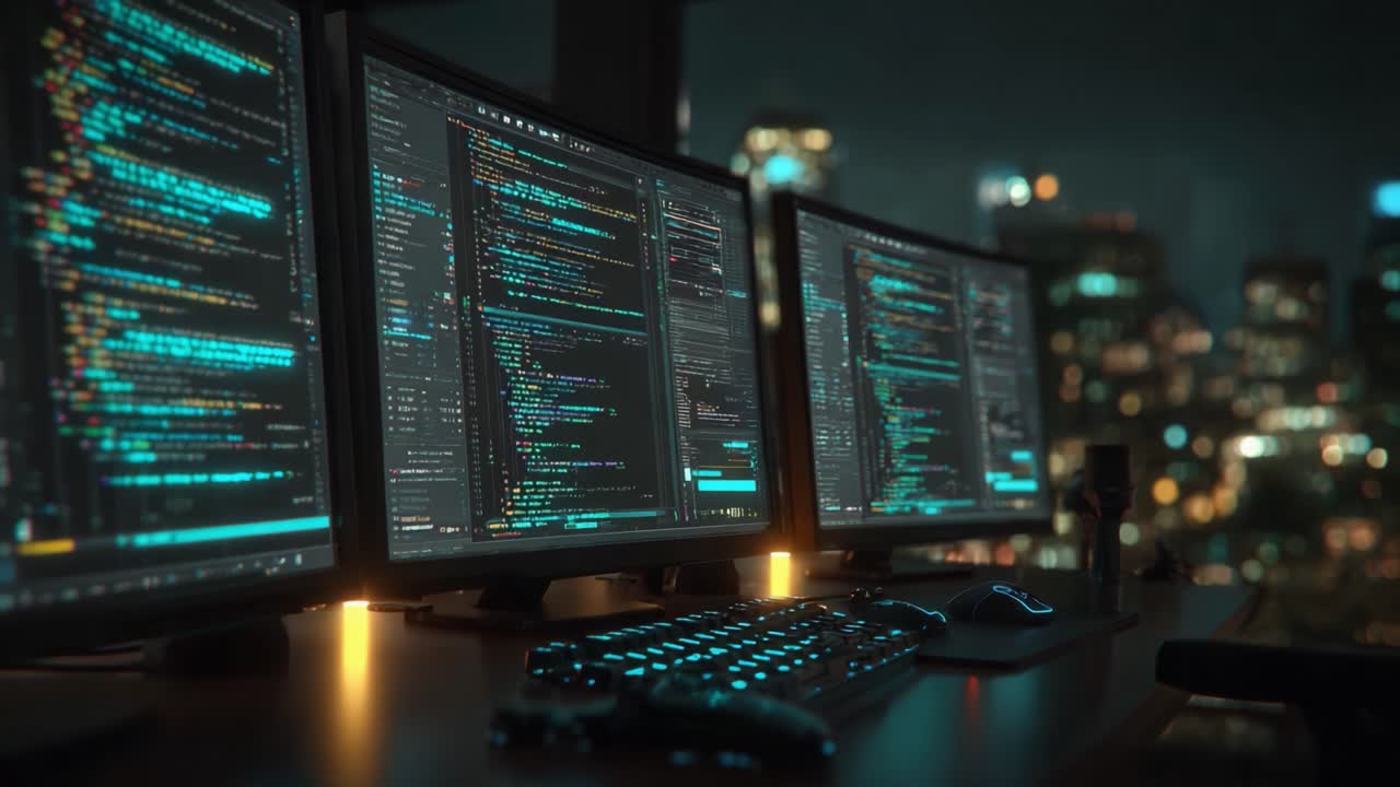A Nighttime Coding Environment Highlighting Multiple Monitors with Glowing Code, Creating an Immersive Atmosphere of Technology and Focused Programming Work