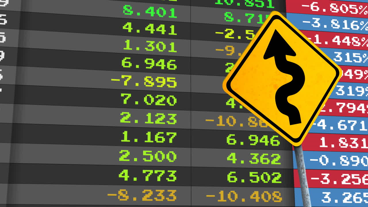 금융 데이터 처리 및 화살표가 있는 노란색 도로 표지판의 애니메이션