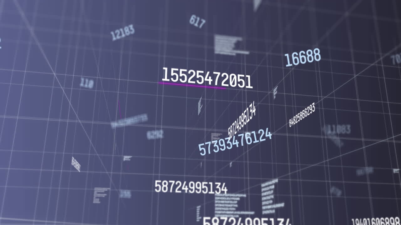 Digital animation of multiple changing numbers on grid network against blue background