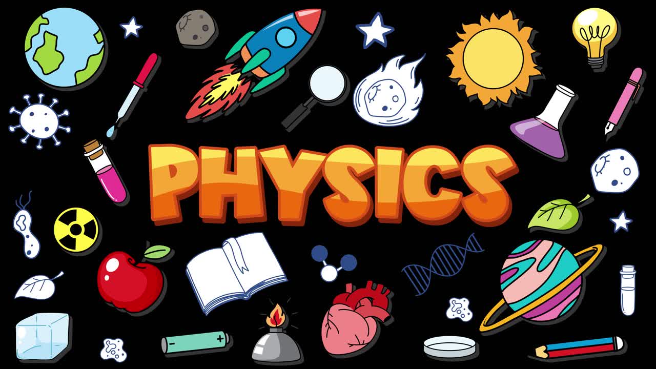 Colorful science-themed icons animate outward from bold 'PHYSICS' text, filling a black background with playful, hand-drawn illustrations in a smooth, expanding motion