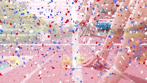 Digital-composite-video-of-multi-colored-confetti-falling-against-female-runners-starting-a-race