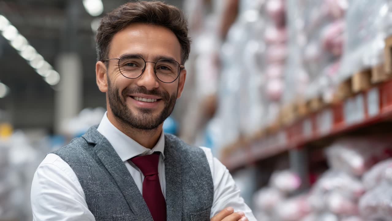 Confident Professional in Warehouse Environment: A Smiling Man in Formal Attire Showcasing a Positive Attitude Among Inventory Shelves and Stocked Goods