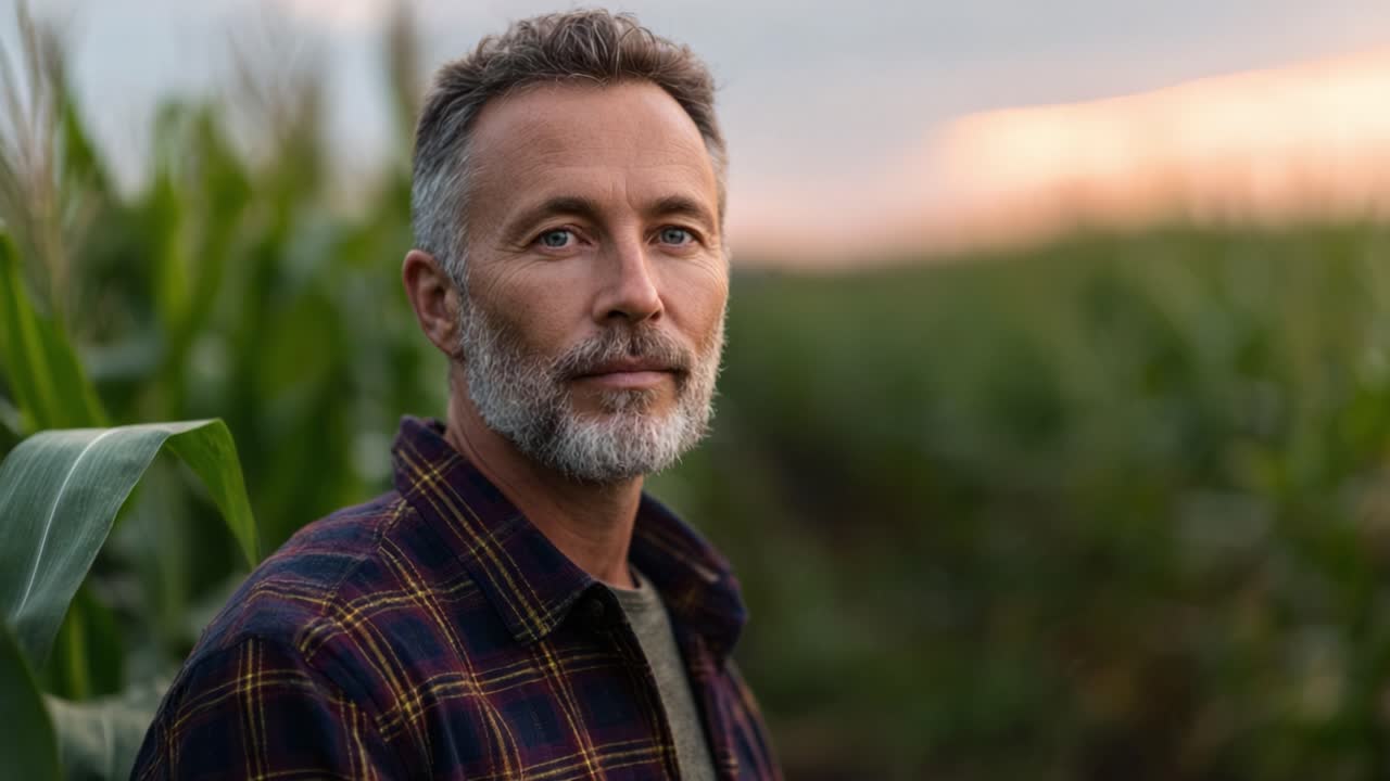 A thoughtful farmer stands amidst lush fields at sunset, reflecting on the day's work and the beauty of nature surrounding him, with a calm and contemplative gaze