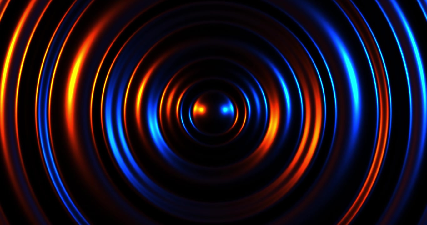 Increspature astratte concentriche luminose blu e arancioni su sfondo nero